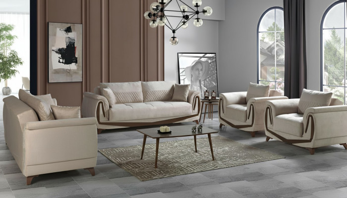Bankstel 3+2+1+1 hout woonkamer luxe bank modern stof compleet nieuw