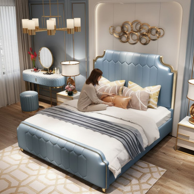Modern bed tweepersoonsbed bedden hout blauw stijl houten slaapkamer nieuw