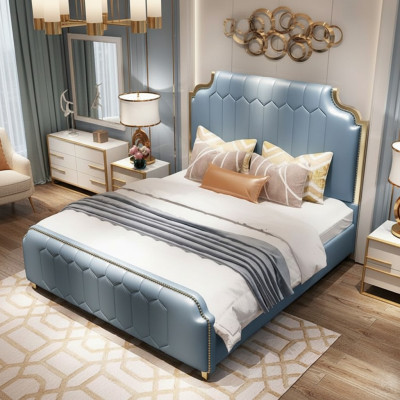 Modern bed tweepersoonsbed bedden hout blauw stijl houten slaapkamer nieuw