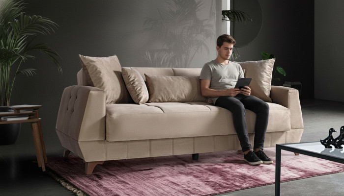 Ontwerpbank Driezits Beige Bank Meubels Textiel Stof 3-Zits Bankstellen Sofa's