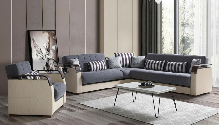 Hoekbank L-vorm + Fauteuil Grijs Compleet Woonkamerset 2-delig. Luxe meubels