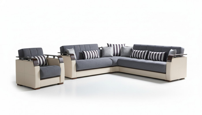 Hoekbank L-vorm + Fauteuil Grijs Compleet Woonkamerset 2-delig. Luxe meubels