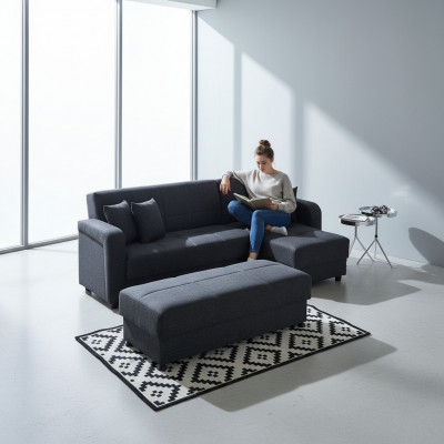 Hoekbank L-vorm Poef Zwart Compleet woonkamerset 2-delig Luxe meubels