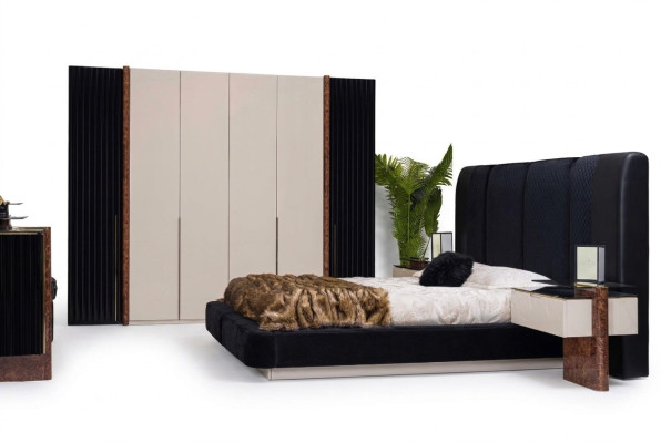 Luxe slaapkamerset bed 2 nachtkastjes + houten kledingkast compleet.