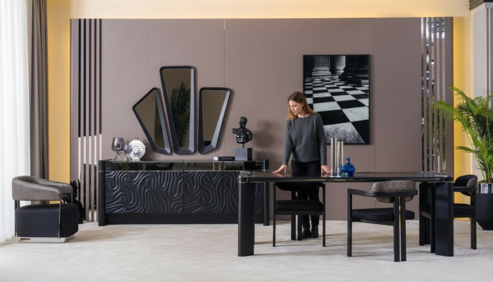Zwart eetkamer set Eettafel 6x Stoel Dressoir 3x Spiegel Eetgroep Luxe