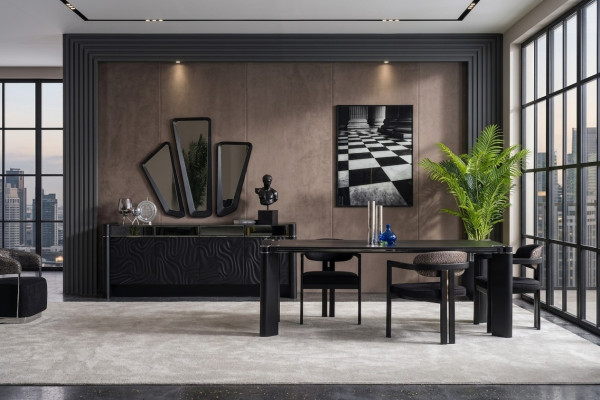 Zwart eetkamer set Eettafel 6x Stoel Dressoir 3x Spiegel Eetgroep Luxe