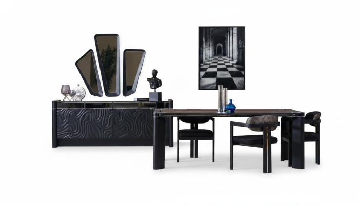 Zwart eetkamer set Eettafel 6x Stoel Dressoir 3x Spiegel Eetgroep Luxe