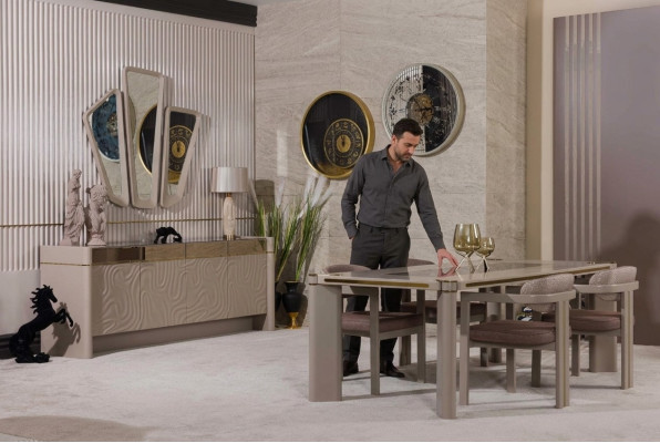 Luxe eetkamerset Eettafel + 6x stoelen Dressoir met 3x spiegels Eetgroepen