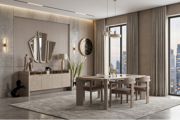 Luxe eetkamerset Eettafel + 6x stoelen Dressoir met 3x spiegels Eetgroepen