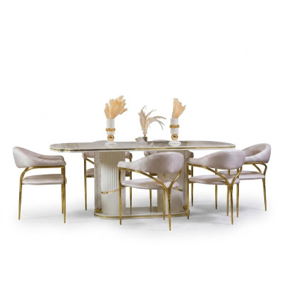 Eetkamerset Modern Eettafel + 6x Stoelen Tafel Hout Gestoffeerde Stoel 7-delige Groep