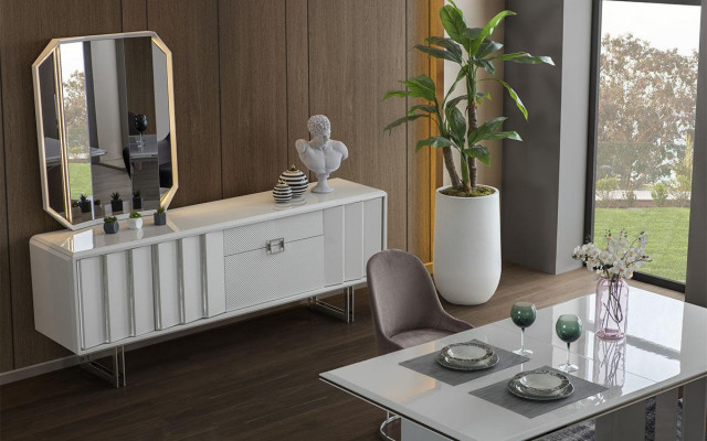 Luxe eetkamerset eettafel + 6x stoelen + dressoir met spiegel Modern Compleet