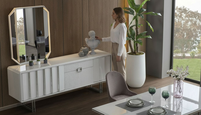 Groep dressoir spiegel dressoir kasten houten meubels wit woonkamer