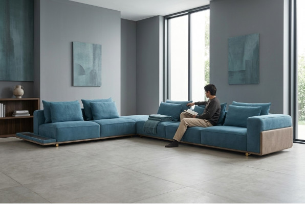 Blauwe hoekbank L-vorm bank woonkamer luxe stoffenmeubels luxe ontwerp nieuw