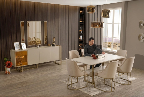 Luxe eetkamerset eettafel + 6x stoelen + dressoir + 3x spiegel 11-delig
