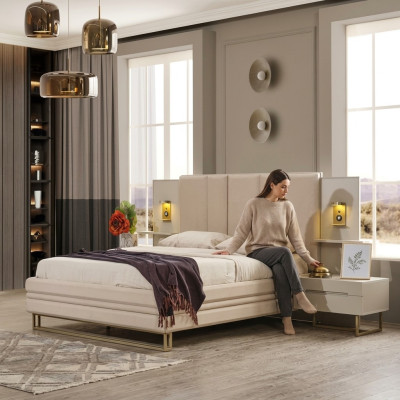Slaapkamer Set Luxe Compleet Beige Bed 2x Nachtkastjes Modern