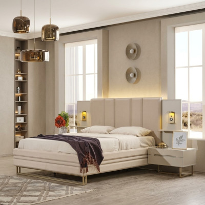 Slaapkamer Set Luxe Compleet Beige Bed 2x Nachtkastjes Modern
