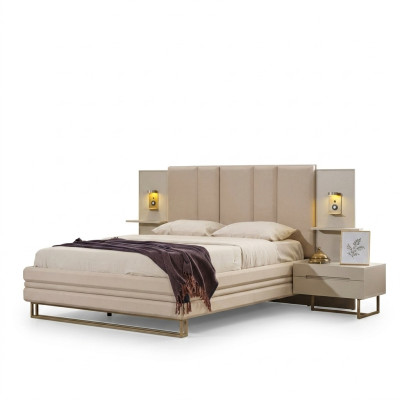 Slaapkamer Set Luxe Compleet Beige Bed 2x Nachtkastjes Modern