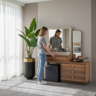 Bruine kaptafel Luxe houten kaptafel Moderne toilettafel