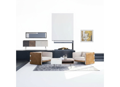 Woonkamerset 3-delig 2x beige fauteuil gestoffeerde meubelen luxe houten salontafel