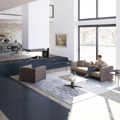 Woonkamer compleet bank driezitsbank gestoffeerd meubilair fauteuil design salontafel
