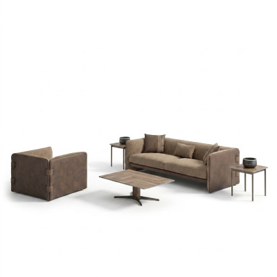 Woonkamer compleet bank driezitsbank gestoffeerd meubilair fauteuil design salontafel