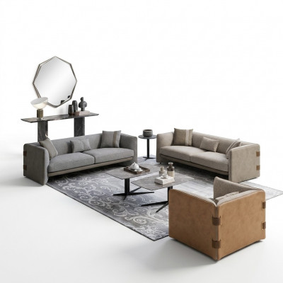 Grijs woonkamerset 7-delig Modern 2x bankstellen driezits gestoffeerd meubilair fauteuil Nieuw