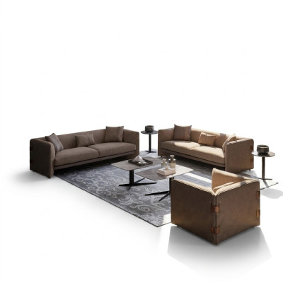 Woonkamer 7-delige Set Bruin 2x Bankstellen Moderne Fauteuil met Salontafel Luxe Inrichting