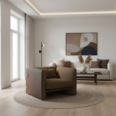 Bruine fauteuil woonkamer inrichting luxe textiel gestoffeerd meubilair modern design.