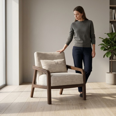 Luxe houten fauteuil woonkamer textiel gestoffeerde meubels design inrichting nieuw