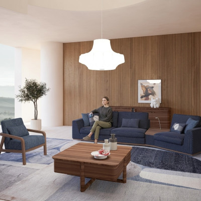 Blauwe bankstel set met driezitter banken, woonkamerstoelen in modern design textiel.