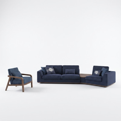 Blauwe bankstel set met driezitter banken, woonkamerstoelen in modern design textiel.