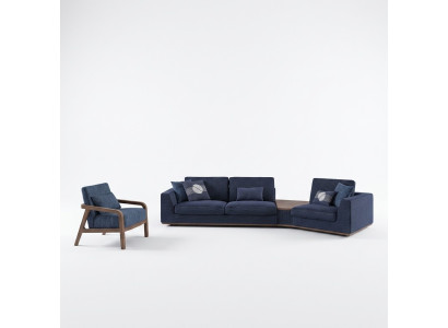 Blauwe bankstel set met driezitter banken, woonkamerstoelen in modern design textiel.