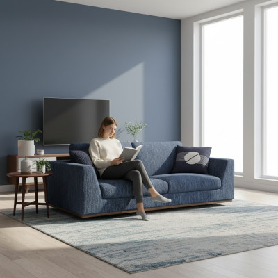 Woonkamer Blauw Tweezitsbank Bank Modern Design Stoffen Bank Textiel.