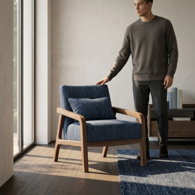 Modern stoel ontwerp inrichting woonkamer Blauw Stof Bankstof Nieuw.