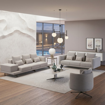 Woonkamer compleet 2x bank driezitter textiel gestoffeerd meubilair fauteuil nieuw salontafel