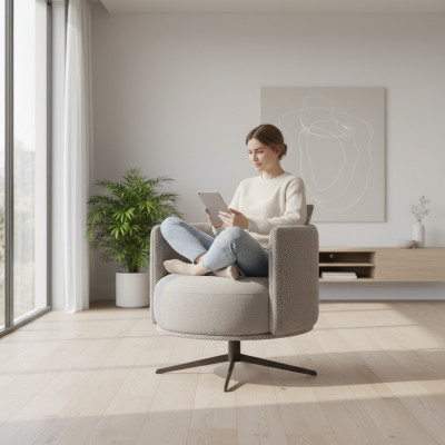 Grijze fauteuil woonkamer meubels luxe textiel gestoffeerde fauteuil inrichting
