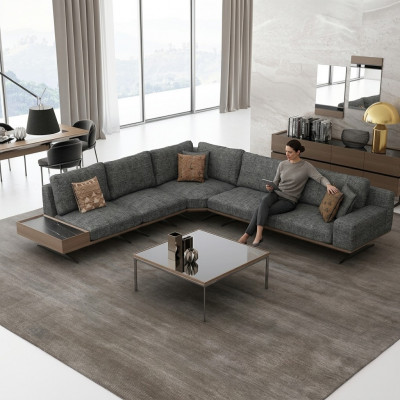 Grijze bank L-vorm Woonkamerset 2-delig Salontafel Hoekbank Luxe bekleding