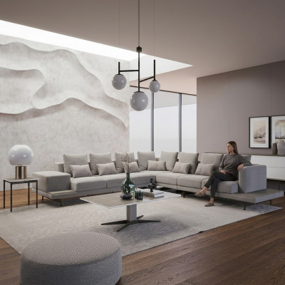 Woonkamer Grijs gestoffeerde hoekbank L-vorm Design salontafel Bijzettafel.