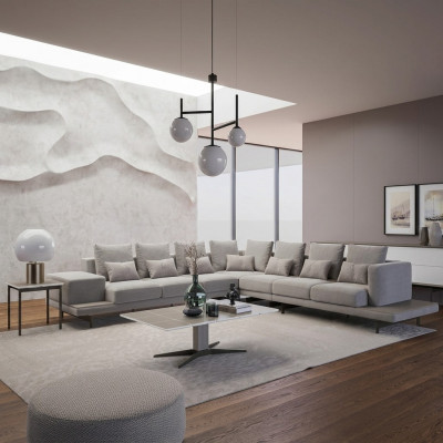Woonkamer Grijs gestoffeerde hoekbank L-vorm Design salontafel Bijzettafel.