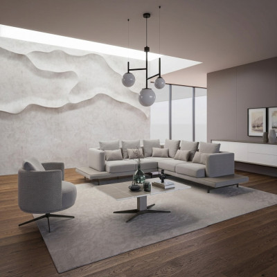 Ontwerp hoekbank L-vormige gestoffeerde meubels luxe woonkamer salontafel inrichting