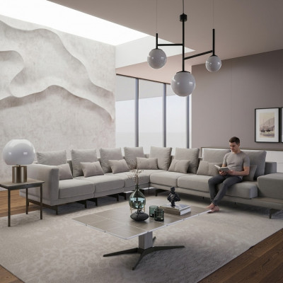 Designer Bank Bank Hoekbank L-vorm Textiel Bekleding Set Woonkamer Salontafel