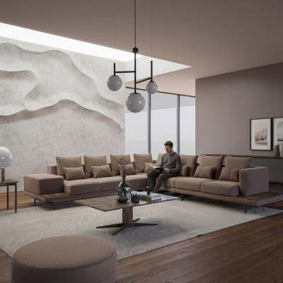 Designer woonkamerset 3-delig gestoffeerd hoekbank L-vorm hout salontafel nieuw