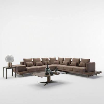 Designer woonkamerset 3-delig gestoffeerd hoekbank L-vorm hout salontafel nieuw