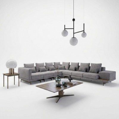 Luxe set woonkamer textiel hoekbank L-vorm hout salontafel met bijzettafel