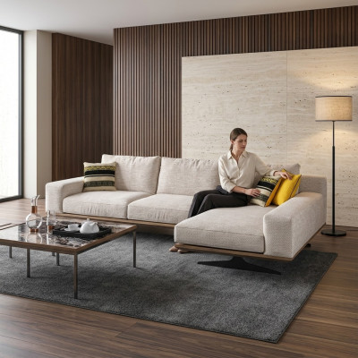 Ontwerper luxe textiel hoekbank L-vorm woonkamer 2x salontafel inrichting