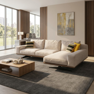 Ontwerper luxe textiel hoekbank L-vorm woonkamer 2x salontafel inrichting