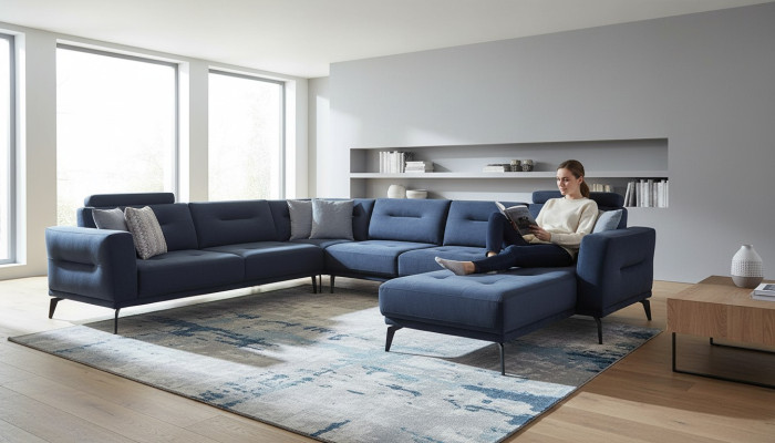Luxe modern design woonkamer U-vormige hoekbank massief donkerblauw bankstel.