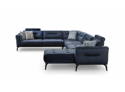 Luxe modern design woonkamer U-vormige hoekbank massief donkerblauw bankstel.
