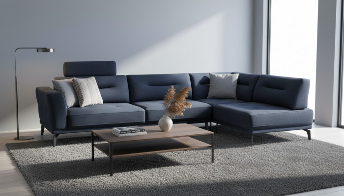 Eckbank Woonkamer Donkerblauw L-vormig Stoffen Bank Modern Ontwerp