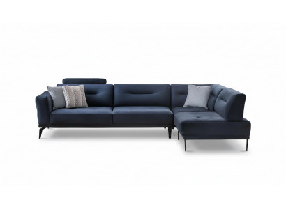 Eckbank Woonkamer Donkerblauw L-vormig Stoffen Bank Modern Ontwerp